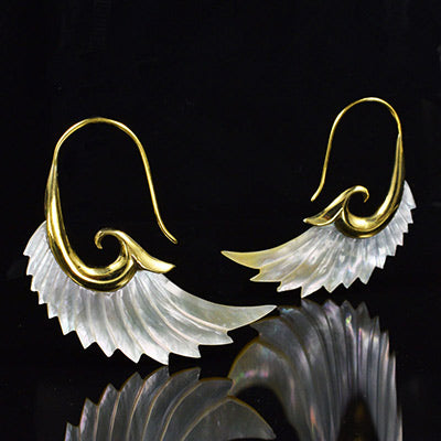 mother of pearl angel wing tribal brass and silver earrings