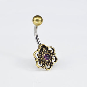 brass navel bar with amethyst