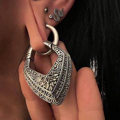 hinged ear weights in silver brass, ear hangers for stretched ear lobes, tribal indian designs