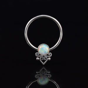 Ball Closure Ring BCR with White Opal Stone and tribal filigree