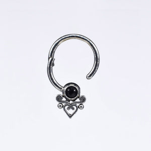 Hinged Piercing Ring with Heart Filigree and Onyx Stone