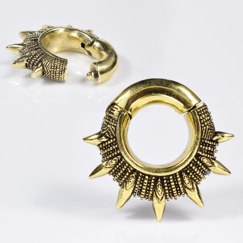 Tribal Ear Weights with a Spikey Design. Warrior Weights. Hinged. Shown open and front view.